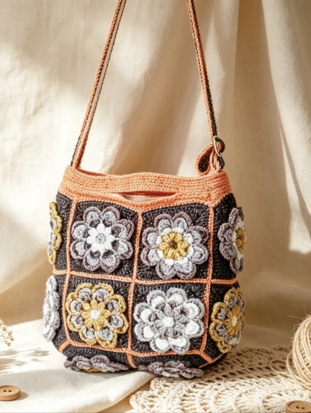 Handmade granny square Tote,Boho Crossbody Bag, Handwoven Bohemian Purse